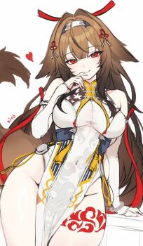 1girl animal_ears bare_shoulders breasts brown_hair cleavage covered_navel cowboy_shot detached_sleeves dress finger_to_mouth flower_knot grin hair_ornament hairband heart highres kiyochii large_breasts leg_tattoo long_hair long_sleeves looking_at_viewer no_panties pelvic_curtain red_eyes see-through_cleavage see-through_clothes simple_background sleeveless sleeveless_dress smile solo tail tattoo thick_thighs thighs very_long_hair white_background white_dress ye_shunguang zenless_zone_zero