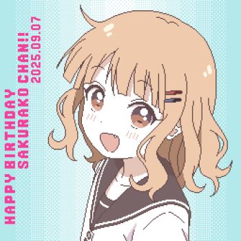 1girl :d black_sailor_collar blonde_hair blue_background brown_eyes buttons collar commentary_request dated fang from_above hair_ornament hairclip happy_birthday highres light_blush looking_at_viewer medium_hair oomuro_sakurako open_mouth parallel_hairclips pixel_art sailor_collar sailor_shirt shirt smile solo yuru_kaze yuruyuri