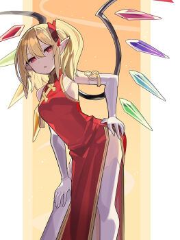 1girl :o alternate_costume breasts china_dress chinese_clothes commentary crystal dress elbow_gloves falken_(yutozin) flandre_scarlet gloves gradient_background hand_on_own_hip hand_on_own_thigh highres looking_at_viewer medium_breasts orange_background pointy_ears red_dress red_eyes revision side_ponytail solo standing thighhighs thighs touhou two-tone_background white_background white_gloves white_thighhighs wings