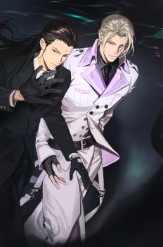 2boys absurdres bindi black_gloves black_hair black_jacket black_necktie black_pants black_suit blonde_hair coat collared_shirt earrings facial_hair feet_out_of_frame final_fantasy final_fantasy_vii final_fantasy_vii_remake fingerless_gloves formal_clothes furrowed_brow gloves grey_shirt hair_pulled_back hair_slicked_back highres jacket jewelry long_coat male_focus multiple_boys mustache necktie pants parted_bangs rufus_shinra shirt short_hair shou_rou sideburns suit suit_jacket tseng white_coat white_pants white_shirt