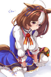 Rule 34 | 1girl, @ @, ahoge, animal ears, bag, between breasts, blue dress, blue ribbon, bow, breasts, brown hair, center frills, closed mouth, collared shirt, commentary request, dress, ear ribbon, frills, gloves, hair between eyes, hairband, hanamura pink, highres, horse ears, horse girl, horse tail, large breasts, long sleeves, medium hair, meisho doto (umamusume), multicolored hair, purple eyes, ribbon, shirt, shoulder bag, simple background, sitting, solo, strap between breasts, streaked hair, tail, thighhighs, umamusume, wariza, white background, white gloves, white hair, white shirt, white thighhighs