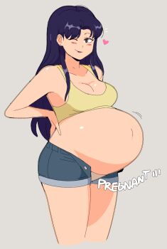 1girl bare_shoulders belly big_belly breasts closed_mouth commentary commission english_commentary english_text grey_background hand_on_own_back heart highres jake_jaccobus katsuragi_misato long_hair navel neon_genesis_evangelion one_eye_closed pregnant short_shorts shorts solo