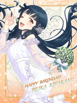 1girl 2023 absurdres bare_shoulders black_hair blue_hair blush border bouquet bow bracelet breasts brown_eyes character_name commentary_request dress flower framed frilled_dress frills happy_birthday highres holding holding_bouquet idolmaster idolmaster_million_live! idolmaster_million_live!_theater_days jewelry kitakami_reika long_hair long_sleeves looking_at_viewer low_twintails applying_manicure medium_breasts nail_polish one_eye_closed open_mouth ornate_border ribbon see-through_clothes see-through_sleeves shiro_(ongrokm) smile solo twintails very_long_hair white_dress