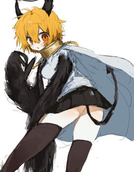 1girl ass black_claws black_horns black_necktie black_skirt black_tail black_thighhighs blonde_hair cape chain claws collar commentary_request demon_tail don_quixote_(project_moon) e.g.o_(project_moon) feet_out_of_frame from_behind gold_collar hair_between_eyes halo highres horns index_(identity)_(project_moon) limbus_company looking_at_viewer looking_back metal_collar miniskirt necktie orange_eyes oversized_forearms oversized_limbs pleated_skirt popopa614 procuration_(e.g.o) project_moon shirt short_hair simple_background skirt solo tail thighhighs twisted_torso white_background white_cape white_shirt