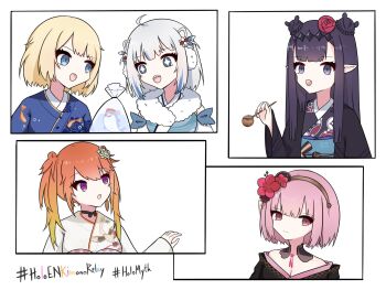 +_+ 5girls :d animal_print bag bagged_fish bare_shoulders black_kimono blonde_hair bloop_(gawr_gura) blue_eyes blue_hair blue_kimono breasts cleavage closed_mouth fish fish_print floral_print fong_(fongthe0125) food gawr_gura gawr_gura_(new_year) goldfish_print gradient_hair grey_eyes grey_hair hashtag highres holding hololive hololive_english holomyth japanese_clothes kimono medium_breasts mori_calliope mori_calliope_(new_year) multicolored_hair multiple_girls ninomae_ina&#039;nis ninomae_ina&#039;nis_(new_year) obi off_shoulder open_mouth orange_hair pink_hair plastic_bag print_kimono purple_hair red_eyes sash sharp_teeth short_hair simple_background smile streaked_hair takanashi_kiara takanashi_kiara_(new_year) takoyaki teeth virtual_youtuber water watson_amelia watson_amelia_(new_year) white_background white_kimono