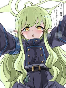 1girl armband belt black_belt blue_archive blue_armband blue_jacket blue_skirt blush buttons commentary_request double-breasted earrings green_hair green_halo halo highres hikari_(blue_archive) jacket jewelry long_hair long_sidelocks long_sleeves looking_at_viewer no_headwear open_mouth outstretched_arms partial_commentary pleated_skirt pointy_ears reaching reaching_towards_viewer shirt short_eyebrows sidelocks simple_background skirt solo speech_bubble tachikaze_miyako teeth translation_request upper_teeth_only very_long_hair white_background white_shirt yellow_eyes yukadon_on_viewer