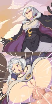 2koma ahegao anal ass blush bottomless breasts chrom_(fire_emblem) cleavage clitoris comic cum cum_in_ass davewaterfalls female_robin_(fire_emblem) fire_emblem fire_emblem_awakening full_nelson gloves grima_(fire_emblem)_(female) instant_loss nintendo penis possessed pussy red_eyes robe sex sweat testicles twintails white_hair