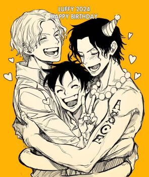 3boys arm_tattoo bead_necklace beads blush character_name commentary_request freckles greyscale_with_colored_background happy happy_birthday hat heart highres hug jewelry male_focus monkey_d._luffy multiple_boys necklace one_piece open_mouth party_hat portgas_d._ace sabo_(one_piece) scar scar_on_face short_hair tattoo toned toned_male topless_male v yayarunaway