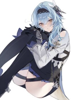 1girl black_boots black_gloves black_hairband blue_hair blush boots chest_harness clothing_cutout commentary dutch_angle eula_(genshin_impact) genshin_impact gloves hairband harness highres hugging_own_legs knees_up long_sleeves looking_at_viewer medium_hair puff_of_air shoulder_cutout siina_0320 simple_background sitting solo thigh_boots thighs white_background wide_sleeves