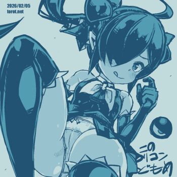 Rule 34 | 1girl, ;q, ahoge, backbeako (torotei), backbeard, blue background, blue theme, blush, bow, bow panties, breasts, commentary, crotch seam, dated, dated commentary, dress, elbow gloves, foot out of frame, gegege no kitarou, gloves, hair over one eye, hair ribbon, hand up, knee up, kono lolicon domome, long hair, looking at viewer, monochrome, neckerchief, one eye closed, original, paid reward available, panties, pantyshot, pear-shaped figure, pointy ears, ribbon, simple background, sleeveless, sleeveless dress, small breasts, smile, solo, thighhighs, thighs, tongue, tongue out, torotei, translated, twintails, underwear, watermark, web address