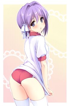 1girl ass blue_eyes blush border bow buruma clannad commentary_request cowboy_shot eyelashes fujibayashi_ryou gym_uniform hair_between_eyes hair_bow hair_intakes highres looking_at_viewer looking_back medium_hair nagayama_yuunon parted_lips purple_hair red_buruma shirt shirt_tug short_sleeves simple_background solo standing thighhighs thighs white_border white_bow white_shirt white_thighhighs yellow_background
