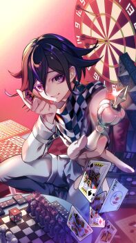1boy arm_belt bishop_(chess) bishounen black_hair board_game card checkered_clothes checkered_scarf chess_piece chessboard colored_eyelashes commentary danganronpa_(series) danganronpa_v3:_killing_harmony dart dartboard dice eyelashes flipped_hair floating_card foreshortening hair_between_eyes highres holding holding_chess_piece holding_shogi_piece house_of_cards joker_(playing_card) king_(chess) king_(playing_card) knight_(chess) long_sleeves looking_at_viewer male_focus nota_sayaka oma_kokichi pants pawn_(chess) pink_background playing_card purple_eyes purple_hair queen_(chess) ringed_eyes rook_(chess) scarf shogi_piece short_hair sidelighting sitting smile solo sparkle straitjacket thigh_strap two-tone_scarf