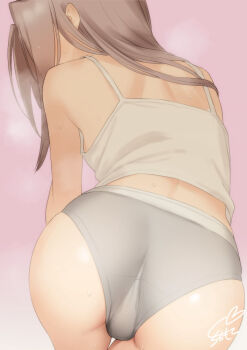 1girl all_fours ass ass_focus back breasts brown_hair camisole kantai_collection long_hair panties pink_background sakiecho simple_background small_breasts steam steaming_body underwear white_camisole zuihou_(kancolle)
