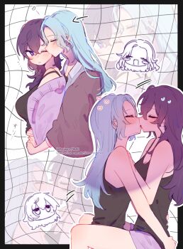 2girls asahina_mafuyu between_legs black_camisole blue_hair blush camisole cardigan closed_eyes commentary_request french_kiss heart highres hinomori_shizuku hug hug_from_behind kiss kissing_cheek masimaro_fah86 multiple_girls parted_lips project_sekai purple_cardigan purple_eyes purple_hair purple_shorts shorts yuri