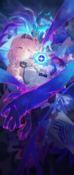 1girl absurdres ahoge bare_shoulders blue_hair breasts clenched_hand colored_extremities colored_inner_hair commentary denia_(wuthering_waves) detached_sleeves dress gloves hair_intakes hand_up highres long_hair looking_at_viewer medium_breasts modare multicolored_hair parted_lips pink_hair purple_eyes red_gloves shadow_hands single_glove solo white_dress wuthering_waves