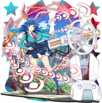 Rule 34 | 1girl, aged up, alternate costume, animal ears, aqua jacket, blue hair, blue socks, breasts, brown shoes, cable, closed mouth, collared shirt, crescent, crescent pin, danmaku, earclip, game cg, gun, highres, holding, holding gun, holding weapon, jacket, kneehighs, large breasts, loafers, long hair, long sleeves, looking at viewer, necktie, official art, pleated skirt, rabbit ears, rabbit girl, red eyes, red necktie, rotte (1109), seiran (touhou), shirt, shoes, skirt, smile, socks, solo, star (symbol), third-party source, touhou, touhou lostword, transparent background, weapon, white shirt, white skirt