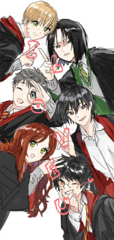 1girl 5boys black_hair black_robe brown_hair closed_mouth english_text eyebrows_hidden_by_hair eyelashes eyes_visible_through_hair facial_scar glasses green_eyes grey_hair gryffindor hair_between_eyes hand_on_own_chin harry_potter_(series) heart highres hogwarts_school_uniform index_finger_raised james_potter lily_evans long_hair looking_at_viewer multiple_boys multiple_scars necktie one_eye_closed parted_bangs parted_lips peter_pettigrew pixiv_id_3737765 remus_lupin robe scar scar_on_cheek scar_on_face school_uniform severus_snape shirt short_hair simple_background sirius_black slytherin smile teeth upper_body v white_background white_shirt wink wizarding_world