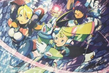 3girls alia_(mega_man) android blonde_hair blue_eyes blunt_bangs breasts capcom dark-skinned_female dark_skin green_eyes gun hime_cut holding holding_weapon large_breasts layer_(mega_man) long_hair mega_man_(series) mega_man_x_(series) mole mole_under_eye multiple_girls open_mouth pallette_(mega_man) purple_hair rapier robot_ears signature smile source_request sword weapon yoshikawa_tatsuya