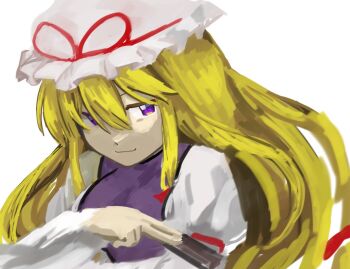 Rule 34 | 1girl, blonde hair, commentary request, dress, hat, hat ribbon, long hair, looking at viewer, mob cap, purple eyes, purple tabard, red ribbon, ribbon, solo, tabard, takoajisoosu, touhou, white dress, white hat, yakumo yukari