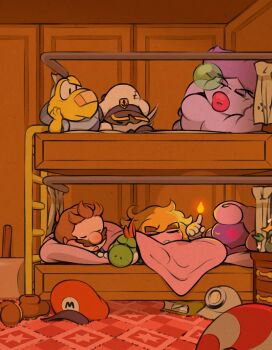 3girls 4boys admiral_bobbery bed blonde_hair brisbane brown_hair bunk_bed facial_hair flurrie goombella hat highres koops mario mario_(series) mohawk multiple_boys multiple_girls mustache nintendo paper_mario paper_mario:_the_thousand-year_door pink_hair sleeping vivian_(paper_mario) yoshi
