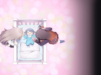 Rule 34 | 3girls, ^ ^, aged down, artist request, baby, black hair, black socks, blazer, blue hair, blue jacket, blue jumpsuit, brown hair, closed eyes, colored tips, crib, dot nose, dress, from above, full body, game cg, grey dress, hair rings, hairband, happy, jacket, jewelry, jumpsuit, kasane ao, kneehighs, kureha yuna, layered sleeves, leaning forward, light blush, light particles, long hair, long sleeves, lying, magia record: mahou shoujo madoka magica gaiden, mahou shoujo madoka magica, miniskirt, multicolored hair, multiple girls, official art, on back, onesie, ooba juri, open mouth, orange hair, pillow, pinafore dress, pink background, pink sweater, plaid clothes, plaid skirt, pleated skirt, poking, red skirt, ring, ryuugasaki academy school uniform, school uniform, shirt, short dress, short hair, short twintails, skirt, sleeveless, sleeveless dress, sleeves past wrists, smile, socks, sparkle, standing, sweater, torayamachi academy school uniform, twintails, very long hair, white shirt, white socks, yellow hairband