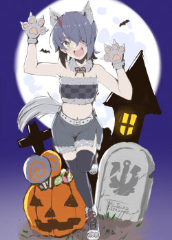 Rule 34 | aged down, alternate costume, animal ears, animal hands, black thighhighs, black tube top, candy, checkered clothes, cross, eyepatch, food, full body, full moon, gloves, grey shrots, halloween costume, highres, jack-o'-lantern, kantai collection, lollipop, midriff, moon, open mouth, paw gloves, purple hair, round teeth, smile, strapless, tail, taira yuuki, teeth, tenryuu (kancolle), thighhighs, tombstone, tube top, upper teeth only, wolf ears, wolf tail, yellow eyes