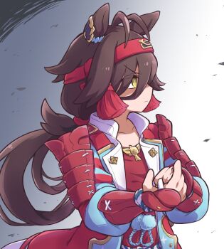 1girl animal_ears antenna_hair armor blue_jacket breasts brown_hair character_name closed_mouth cropped_torso fangs hair_between_eyes headband holding horse_ears horse_girl jacket japanese_armor kote long_hair minmin_(kemomofuri) no_reason_(umamusume) red_shirt shirt shoulder_armor simple_background small_breasts smile sode solo umamusume upper_body v-shaped_eyebrows white_background