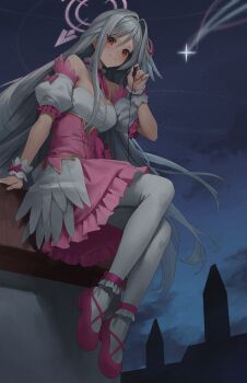 1girl absurdres bare_shoulders blue_archive blush bow breasts closed_mouth commentary corset crescent crescent_hair_ornament detached_collar detached_sleeves dress earbuds earphones frilled_dress frills full_body grey_hair hair_ornament halo head_wings highres holding holding_earphones large_breasts long_hair looking_at_viewer magical_girl multicolored_hair neck_ribbon night night_sky official_alternate_costume outdoors pink_bow pink_corset pink_dress pink_hair pink_ribbon pink_shoes puffy_detached_sleeves puffy_sleeves purple_halo red_eyes ribbon shoes shooting_star single_head_wing sitting sky smile solo strapless strapless_dress streaked_hair suzumi_(blue_archive) suzumi_(magical)_(blue_archive) white_wrist_cuffs wings wrist_cuffs yamanokami_eaka