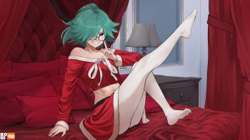 1girl :d abs absurdres adjusting_eyewear aqua_hair artist_logo artist_name ass bare_shoulders barefoot black_gloves blue_eyes borrowed_character collarbone commentary commission cropped_sweater curtains desk_lamp english_commentary full_body gloves hair_over_one_eye highres indoors knee_up kobi420 lamp leg_up logo long_sleeves looking_at_viewer looking_over_eyewear medium_hair midriff navel neptune_(neptuonee) nightstand on_bed open_mouth original pantyhose ponytail red_pillow red_skirt red_sweater semi-rimless_eyewear sitting skirt smile solo sweater teeth toes toned toned_female white_pantyhose window