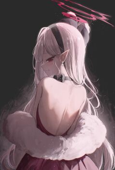 1girl absurdres backless_dress backless_outfit bare_back bare_shoulders black_hairband blue_archive blush clover_dot_(clov_erd) commentary dress from_behind fur_shawl grey_hair grin hairband halo highres long_hair mutsuki_(blue_archive) mutsuki_(dress)_(blue_archive) official_alternate_costume official_alternate_hairstyle overlighting pointy_ears purple_eyes red_dress red_halo shawl sleeveless sleeveless_dress smile solo