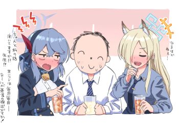 1boy 2girls ako_(blue_archive) animal_ears black_hair black_necktie blonde_hair blue_archive blue_hairband blue_halo blue_jacket blush closed_eyes closed_mouth collared_shirt commentary_request dog_ears dog_girl doodle_sensei_(blue_archive) drunk grey_shirt hairband halo highres jacket kanna_(blue_archive) long_hair multiple_girls necktie open_mouth s_ibane sensei_(blue_archive) shirt short_hair smile tie_clip translation_request upper_body white_shirt