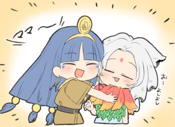 Rule 34 | 2girls, black hair, blue hair, blue skirt, blunt bangs, brown shirt, brown shorts, colored tips, earrings, facial mark, feather capelet, feather necklace, feathers, forehead mark, fossilized wonders, fringe-trimmed capelet, gradient feathers, green leaf, hair ornament, houjuu chimi, hug, jewelry, key earrings, leaf clothing, leaf shirt, long hair, michigami nareko, multicolored hair, multiple girls, necklace, open mouth, r9nr9, red feathers, red leaf, shirt, short sleeves, shorts, skirt, sleeveless, smile, sphere hair ornament, touhou, translated, triangle, triangle facial mark, white hair, yellow background