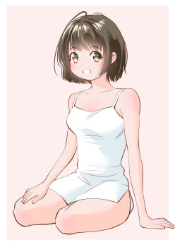 Rule 34 | 1girl, ahoge, arm support, bare shoulders, bob cut, border, brown eyes, brown hair, camisole, collarbone, full body, hand on own leg, original, outside border, pink background, short hair, side slit, simple background, sitting, smile, solo, thighs, white border, white camisole, yamanaka kouji (yanchiki2001), yokozuwari