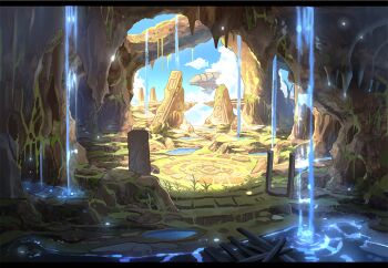 aircraft airship apokarihardcore blue_sky cape cloud commentary_request day floating_island letterboxed light_particles moss no_humans original outdoors ripples ruins scenery sky water waterfall