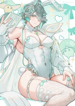 1boy abs alhaitham_(genshin_impact) alpaitham animal_ears aqua_eyes aqua_hair book bow closed_mouth crossdressing crossdressing_(mtf) fake_rabbit_ears fake_tail fingerless_gloves fishnet_thighhighs fishnets fungi_(genshin_impact) genshin_impact gloves grey_hair hair_between_eyes hair_bow hair_ornament hair_over_one_eye hair_ribbon highres holding holding_book leotard looking_at_viewer male_focus multicolored_hair muscular muscular_male playboy_bunny rabbit_ears rabbit_tail ribbon short_hair solo streaked_hair tail thighhighs twitter_username white_gloves white_hair white_leotard white_sleeves white_thighhighs x_hair_ornament
