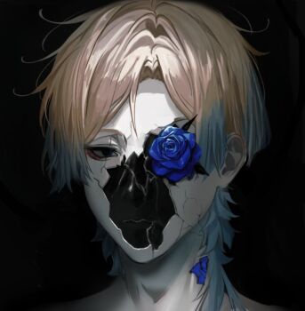 1boy black_background black_eyes blonde_hair blue_flower blue_lock blue_rose byakuyablaise cracked_skin flower looking_at_viewer madra_(album) male_focus medium_hair michael_kaiser multicolored_hair portrait rose simple_background solo streaked_hair two-tone_hair
