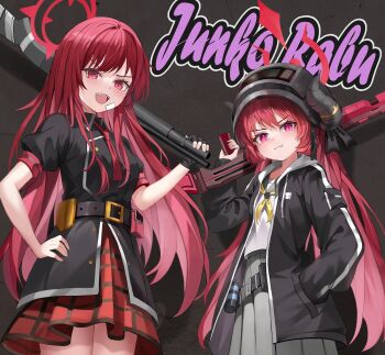 Rule 34 | alternate hairstyle, black jacket, black shirt, blue archive, blush, closed mouth, combat helmet, cosplay, costume switch, demon girl, demon horns, dobostorte, grey sailor collar, grey skirt, gun, halo, hand in pocket, helmet, highres, holding, holding gun, holding weapon, horns, jacket, junko (blue archive), looking at viewer, neckerchief, open clothes, open jacket, open mouth, rabu (blue archive), red eyes, red hair, red halo, red skirt, rifle, sailor collar, sharp teeth, shirt, short sleeves, shotgun, skirt, smile, teeth, weapon, white shirt, yellow neckerchief