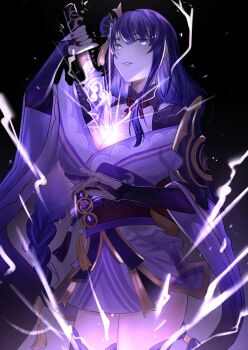 Rule 34 | 1girl, armor, blunt bangs, braid, breasts, bridal gauntlets, cleavage, clothing cutout, commentary, drawing sword, electricity, english commentary, fan hair ornament, genshin impact, glowing, glowing eyes, glowing sword, glowing weapon, hair ornament, highres, holding, holding sword, holding weapon, human scabbard, japanese clothes, katana, kimono, large breasts, lingerie, long braid, long hair, looking to the side, mitsudomoe (shape), mole, mole under eye, musou isshin (genshin impact), parted lips, purple eyes, purple hair, purple kimono, purple thighhighs, raiden shogun, red sash, sash, shiraki art, shoulder armor, shoulder cutout, single braid, solo, sword, sword between breasts, thighhighs, tomoe (symbol), underwear, weapon, wide sleeves