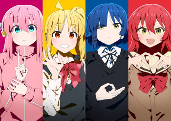 4girls ahoge black_ribbon black_sweater black_sweater_vest blonde_hair blue_eyes blue_hair bocchi_the_rock! bow bowtie brown_cardigan brown_sailor_collar cardigan choppy_bangs closed_mouth collared_shirt color_coordination column_lineup commentary_request cube_hair_ornament dot_nose earrings frown gotoh_hitori green_eyes grin hair_between_eyes hair_ornament hairclip hand_up hands_up highres holding_own_wrist ijichi_nijika index_finger_raised jacket jewelry kessoku_band kita_ikuyo long_bangs long_hair long_sleeves looking_at_viewer mole mole_under_eye money_gesture multiple_girls neck_ribbon ok_sign one_side_up open_mouth orange_eyes oriorioiro parallel_hairclips pink_hair pink_jacket polka_dot polka_dot_bow polka_dot_bowtie red_bow red_bowtie red_hair ribbon sailor_collar school_uniform shirt short_hair side_ponytail small_sweatdrop smile straight_hair stud_earrings sweater sweater_vest track_jacket upper_body white_shirt wing_collar yamada_ryo yellow_eyes