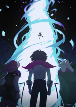 1boy 1girl 2others armor black_bodysuit bodysuit cape commentary deltarune english_commentary floating from_behind glasses goat_boy goat_horns highres holding holding_sword holding_weapon horns kris_(deltarune) multiple_others pink_cape ralsei roaring_knight short_hair standing susie_(deltarune) sword tiredghost utdr_(toby_fox) weapon