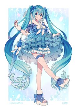 1girl amagi_hana aqua_hair blue_boots blue_dress blue_eyes blue_hair blue_nails blue_umbrella blush boots bow bowtie character_name commentary_request dress fingernails frilled_dress frills gradient_hair hair_between_eyes hair_bow hatsune_miku highres liquid_hair long_hair looking_at_viewer multicolored_hair nail_polish platform_boots sailor_collar short_sleeves smile solo thigh_strap twintails umbrella very_long_hair vocaloid walking white_bow white_bowtie white_sailor_collar