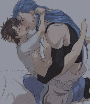 1boy 1girl bad_id bad_poipiku_id bare_shoulders bed_sheet black_gloves blue_hair blush bottomless breasts brown_hair cu_chulainn_(fate) cum earrings elbow_gloves fate/grand_order fate_(series) fujimaru_ritsuka_(male) genderswap genderswap_(mtf) gloves hetero highres holding_person jewelry kneeling leg_lock legs_up long_hair looking_at_another medium_breasts mondi_hl naked_shirt navel nipples open_clothes open_shirt sex shirt stomach tongue tongue_out vaginal