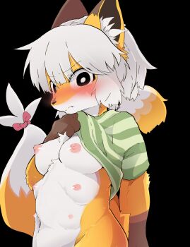 1girl animal_ears blush breasts clothes_lift dagasi extra_breasts extra_nipples fox_ears fox_girl fox_tail furry furry_female highres nipples original shirt shirt_lift solo tail white_hair