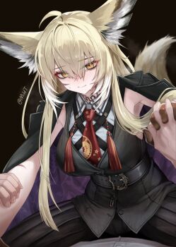 1girl absurdres animal_ear_fluff animal_ears arknights armpits black_background black_jacket blonde_hair collared_shirt commentary fox_ears fox_girl fox_tail girl_on_top highres holding_another&#039;s_arm jacket long_hair looking_down mildt necktie pov red_necktie scar scar_on_face shirt smile solo_focus tail twitter_username vulpisfoglia_(arknights) white_shirt yellow_eyes