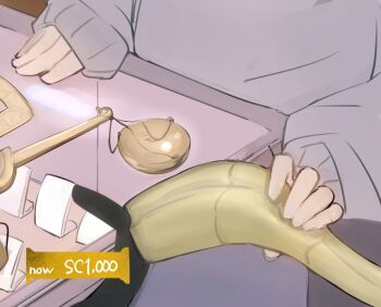 Rule 34 | 1girl, aura (sousou no frieren), balance scale, contemporary, counter, demon horns, display case, english text, fake horns, gold necklace, grey sweater, hairband, head out of frame, higemu, highres, horn hairband, horns, jewelry, necklace, pawn stars, sleeves past wrists, solo, sousou no frieren, sweater, weighing scale