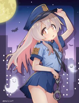 1girl absurdres arm_up artist_name bare_arms bare_legs bat_(animal) black_necktie blue_shirt blue_skirt breast_pocket breasts brown_eyes cityscape colored_inner_hair commentary cowboy_shot cuffs full_moon ghost grey_hair hair_between_eyes halloween handcuffs hat highres holding holding_handcuffs long_sleeves looking_at_viewer melciort moon multicolored_hair nail_polish necktie night onii-chan_wa_oshimai! open_mouth oyama_mahiro peaked_cap pink_hair pink_nails pocket police police_badge police_hat police_uniform shirt short_sleeves skirt small_breasts solo twintails two-tone_hair