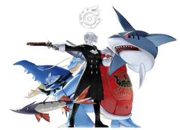 1girl 2021 barraskewda black_coat blastoise breasts clawitzer cleavage coat colored_skin crossover epaulettes final_fantasy final_fantasy_xiv firing gen_1_pokemon gen_3_pokemon gen_6_pokemon gen_8_pokemon gills glowing glowing_eyes gun highres holding holding_poke_ball holding_weapon lipstick machinist_(final_fantasy) makeup medium_breasts merlwyb_bloefhiswyn nintendo poke_ball pokemon pokemon_(creature) potion_lilac red_eyes roegadyn sharpedo short_hair simple_background sleeve_cuffs weapon white_hair white_skin