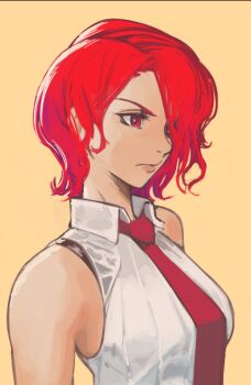 1girl breasts formal_clothes medium_breasts pale_skin red_eyes red_hair shirt short_hair sleeveless the_king_of_fighters toastitos toshio vanessa_(kof) white_shirt