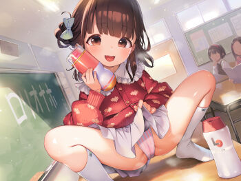 3girls artificial_vagina blush brown_eyes brown_hair cardigan classroom clothes_lift flat_chest henreader highres indoors lifting_own_clothes loli looking_at_viewer lotion medium_hair multiple_girls non-web_source open_mouth original panties panty_peek red_cardigan sex_toy skirt skirt_lift smile socks solo_focus squatting striped_clothes striped_panties sunlight underwear