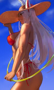1girl animal_ears bikini blue_sky boku_no_hero_academia breasts clothing_cutout cloud commentary dark-skinned_female dark_skin ears_through_headwear english_commentary from_side hand_on_own_hat hat highres hitomazuki holding_hula_hoop hoop hula_hoop large_breasts long_eyelashes long_hair looking_at_viewer mirko parted_bangs parted_lips rabbit_ears rabbit_girl rabbit_tail red_bikini red_eyes side-tie_bikini_bottom sideboob sky smile solo sun_hat swimsuit tail tail_through_clothes thighs toned toned_female very_long_hair white_hair